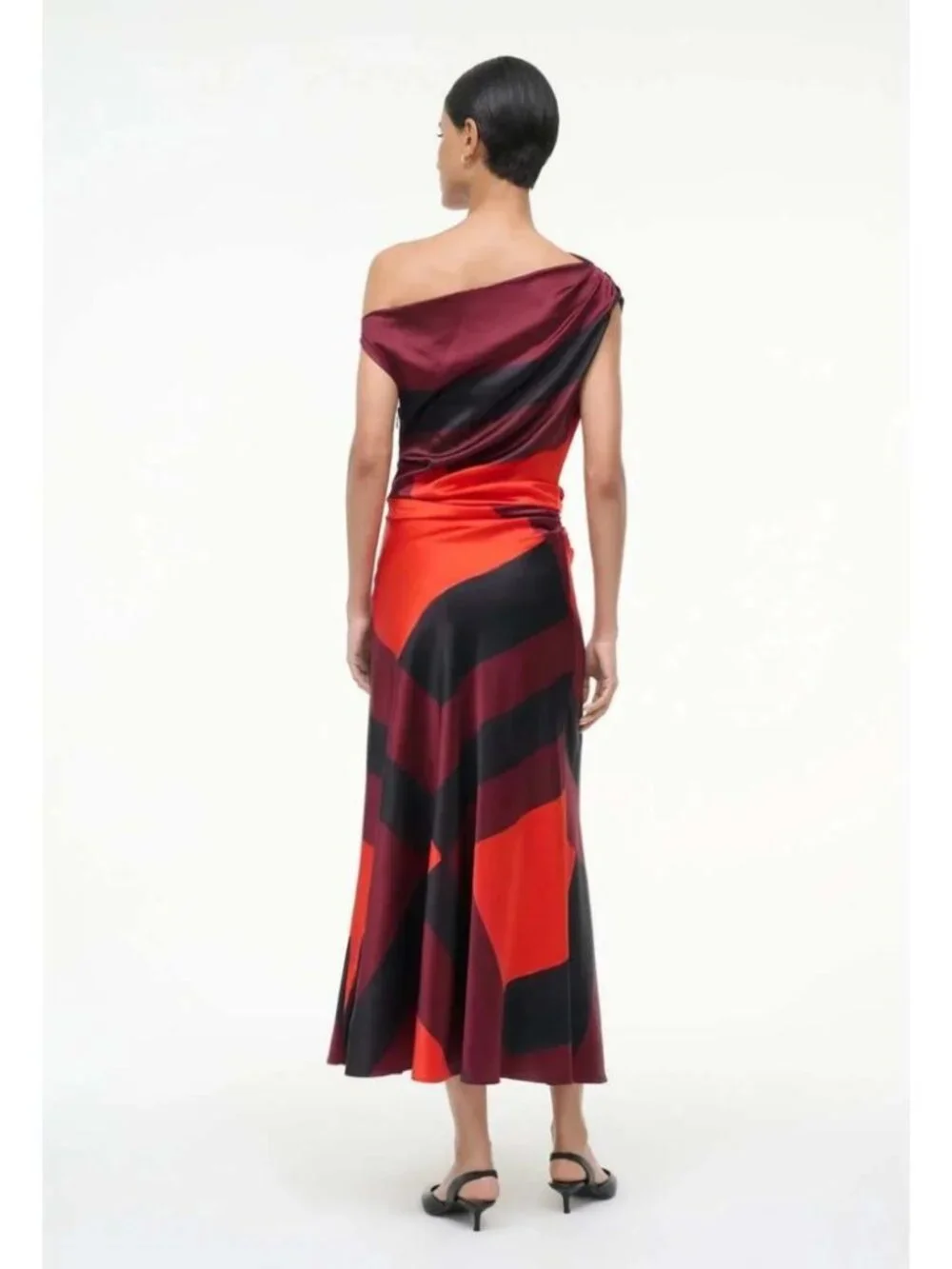 STAUD Phare One-Shoulder Silk Midi Dress Ruby Prism Size 6